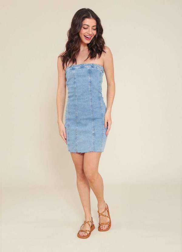 Pop Me - Vestido Jeans Curto Decote Reto com Recortes Azul 5