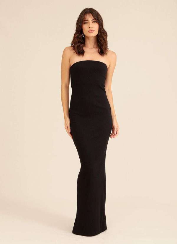 Pop Me - Vestido Longo em Ribana Decote Reto Fenda Preto