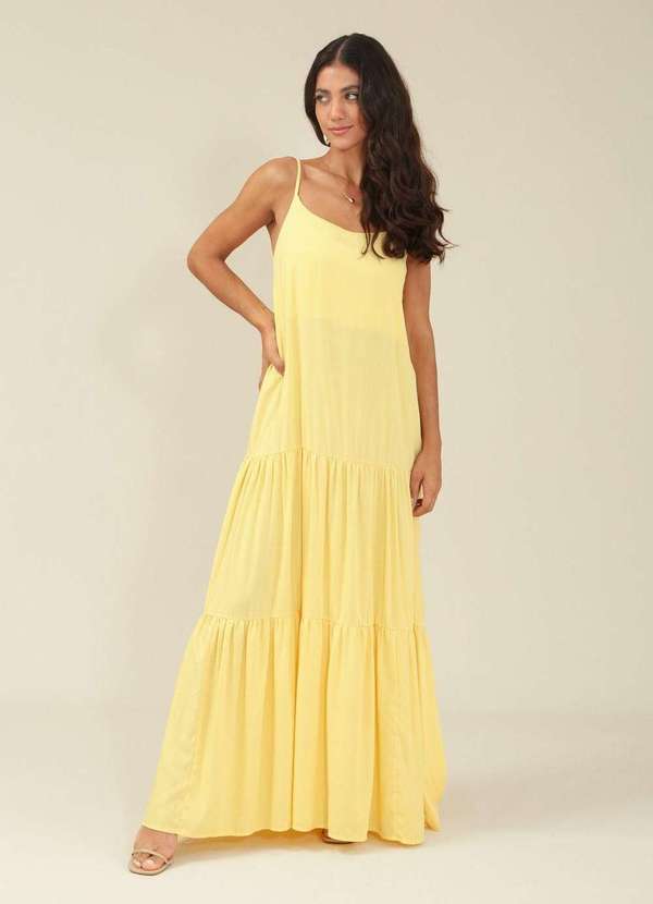 Pop Me - Vestido Longo em Viscose Alca com Recorte Saia Amarelo