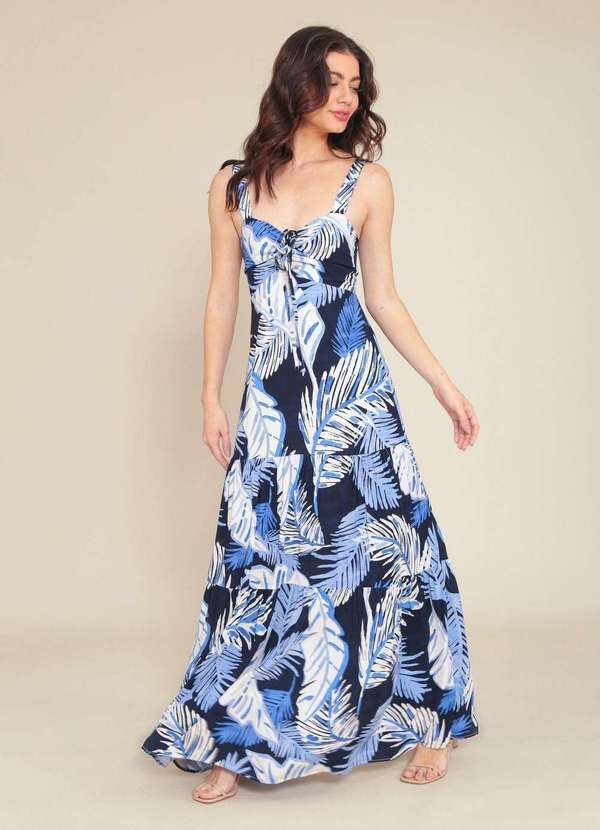 Pop Me - Vestido Longo em Viscose com Alca Estampa Tropical Azul