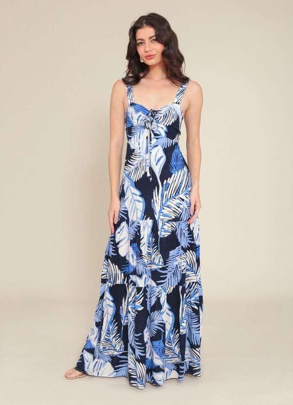 Pop Me - Vestido Longo em Viscose com Alca Estampa Tropical Azul 5