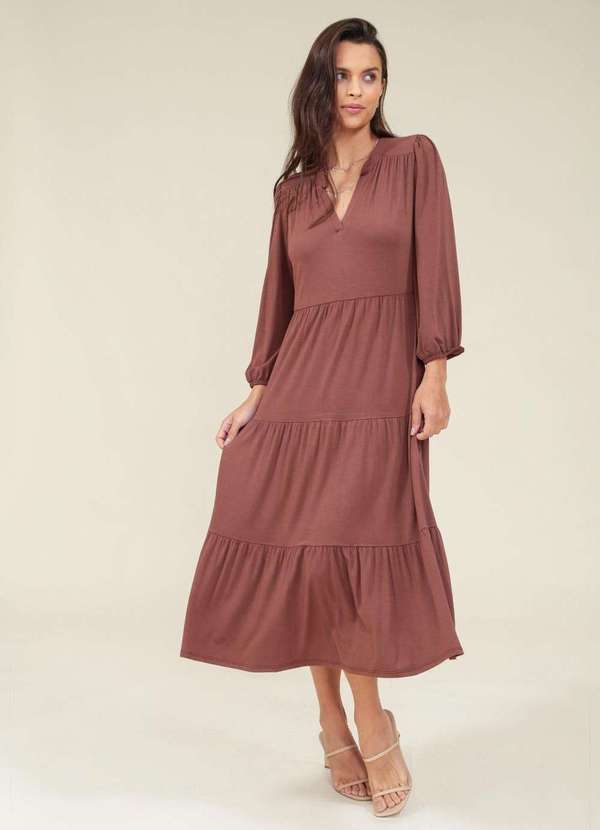 Pop Me - Vestido Malha Manga 7/8 Gola Padre Marrom
