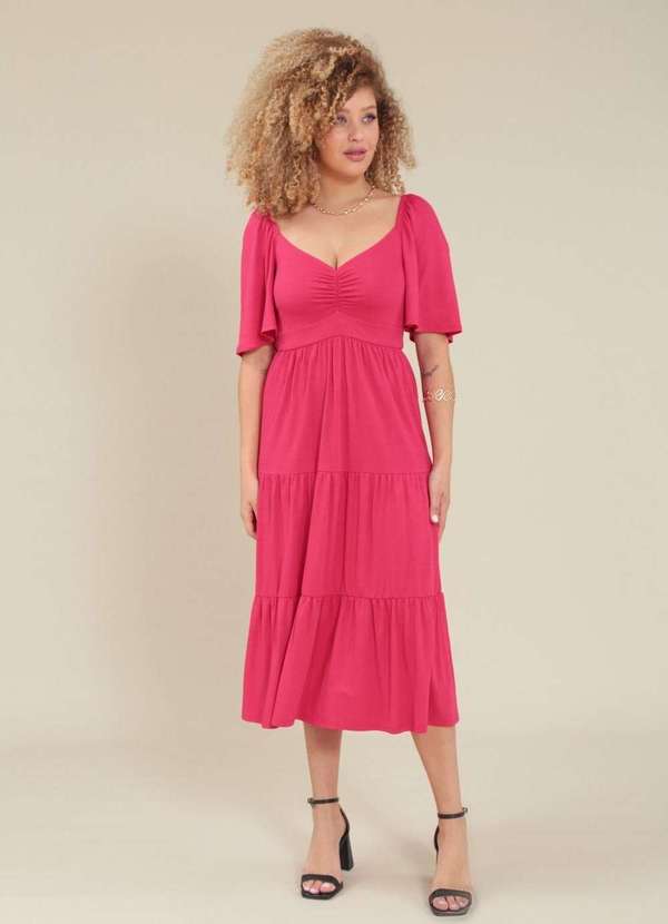 Pop Me - Vestido Malha Texturizada Manga Curta com Franzido no Busto Rosa