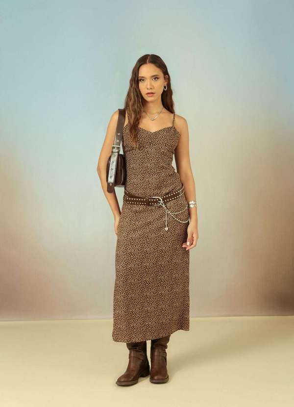 Pop Me - Vestido Midi Alca em Viscose Poa Marrom 2