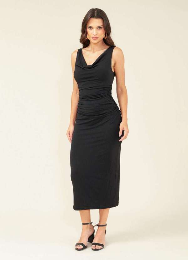 Pop Me - Vestido Midi Alca Gola Degage Franzido Costas Preto