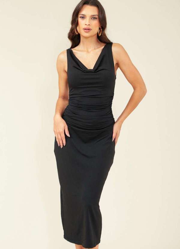 Pop Me - Vestido Midi Alca Gola Degage Franzido Costas Preto 3