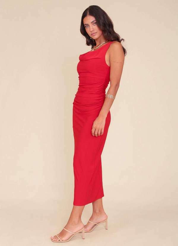Pop Me - Vestido Midi Alca Gola Degage Franzido Costas Vermelho