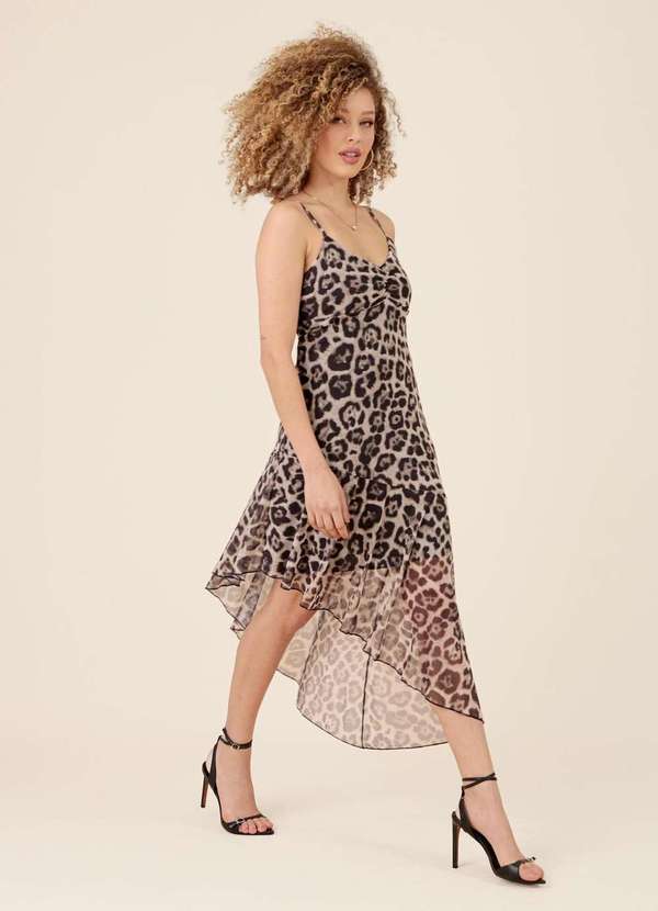Pop Me - Vestido Midi Assimetrico em Tule Leopardo Bege