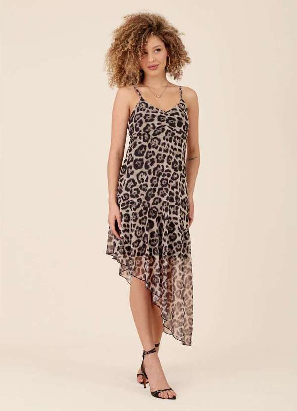 Pop Me - Vestido Midi Assimetrico em Tule Leopardo Bege 2