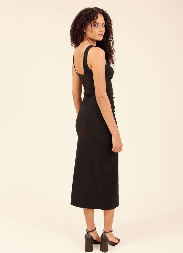 Pop Me - Vestido Midi Bengaline Recorte e Franzido Preto 2