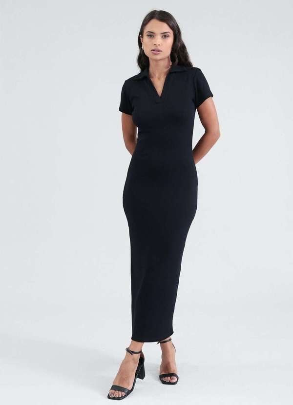 Pop Me Vestido Midi em Malha Canelada Gola Polo Preto