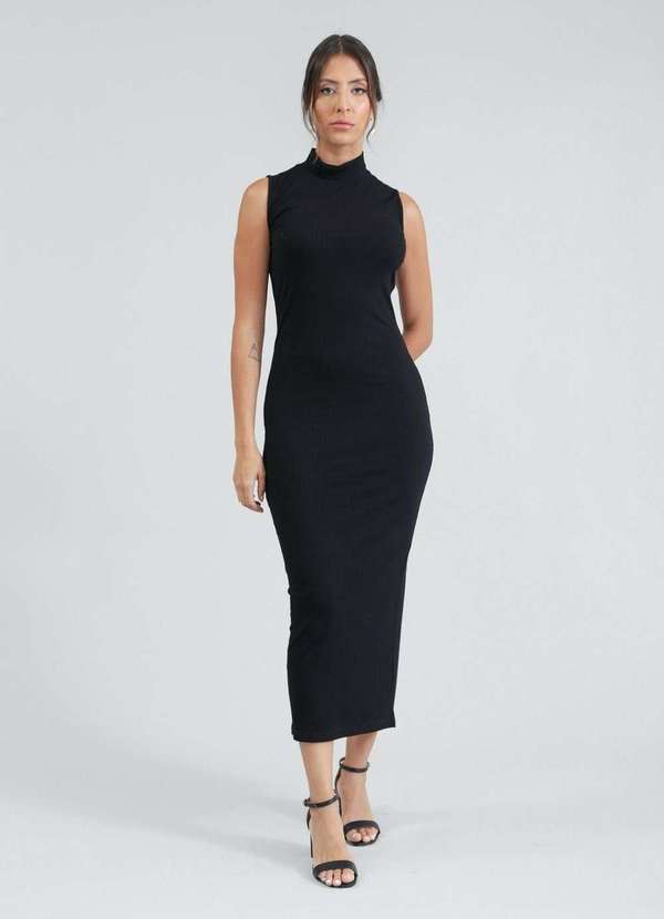 Vestido Midi em Malha Canelada sem Manga Gola Alta Preto Pop Me