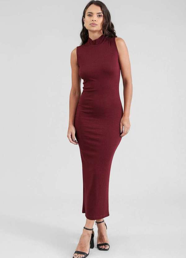 Pop Me - Vestido Midi em Malha Canelada sem Manga Gola Alta Vermelho
