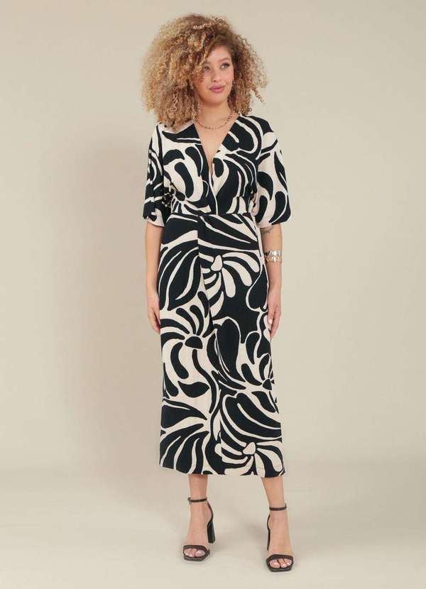 Pop Me - Vestido Midi em Malha Manga 3/4 Busto Torcido Flor Bicolor Branco