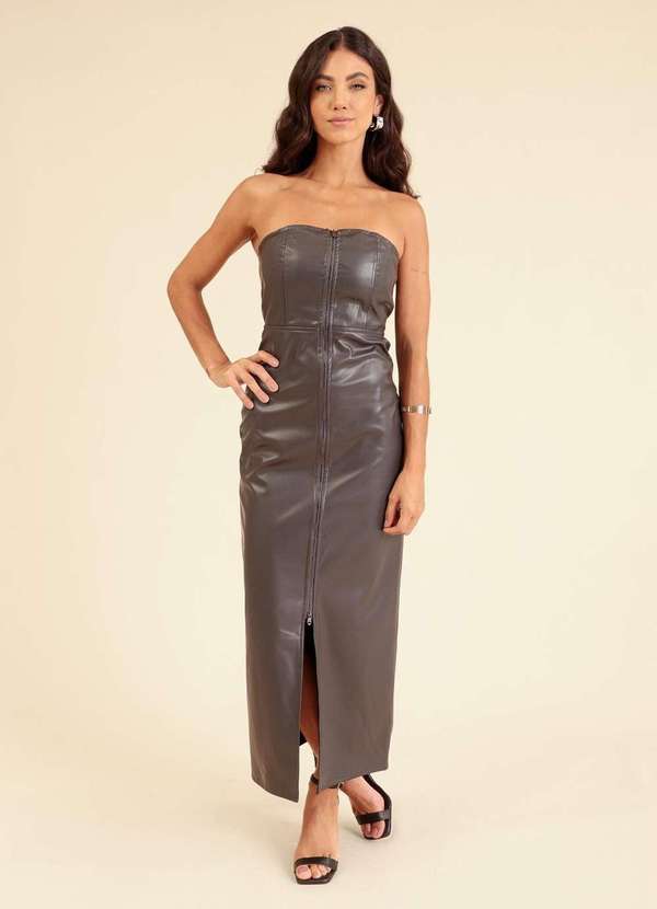 Pop Me - Vestido Midi em Pu Recortes Ziper Cinza