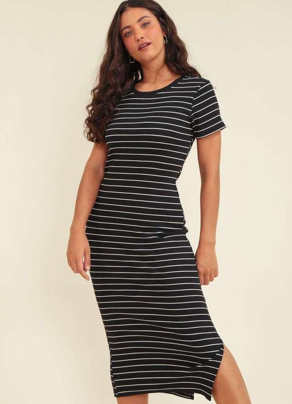 Pop Me - Vestido Midi em Ribana Listrada com Manga Curta Preto 2