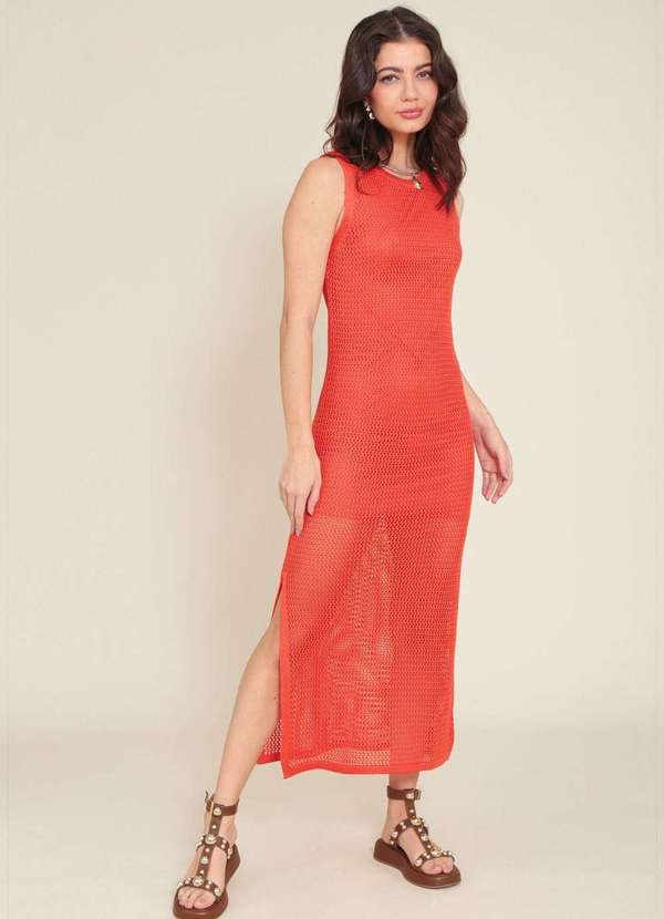 Pop Me - Vestido Midi em Trico Vazado sem Mangas Fenda Laranja
