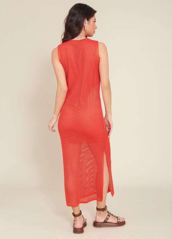 Pop Me - Vestido Midi em Trico Vazado sem Mangas Fenda Laranja 2