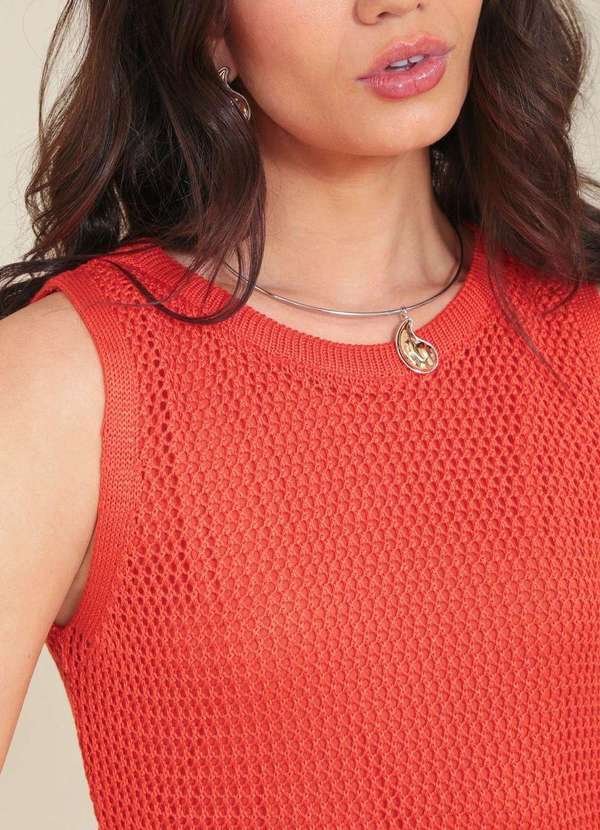 Pop Me - Vestido Midi em Trico Vazado sem Mangas Fenda Laranja 3