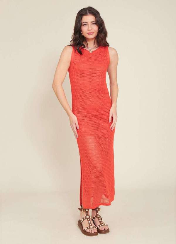 Pop Me - Vestido Midi em Trico Vazado sem Mangas Fenda Laranja 5