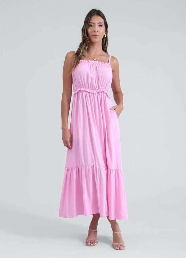 Pop Me - Vestido Midi em Viscose Alca com Babados Rosa