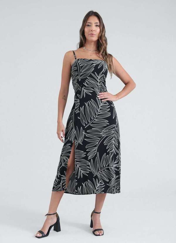Pop Me - Vestido Midi em Viscose Alca Estampa Maxi Folhagem Preto