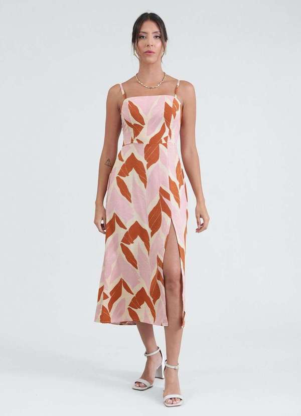 Pop Me - Vestido Midi em Viscose Alca Estampa Natureza Terrosa Bege