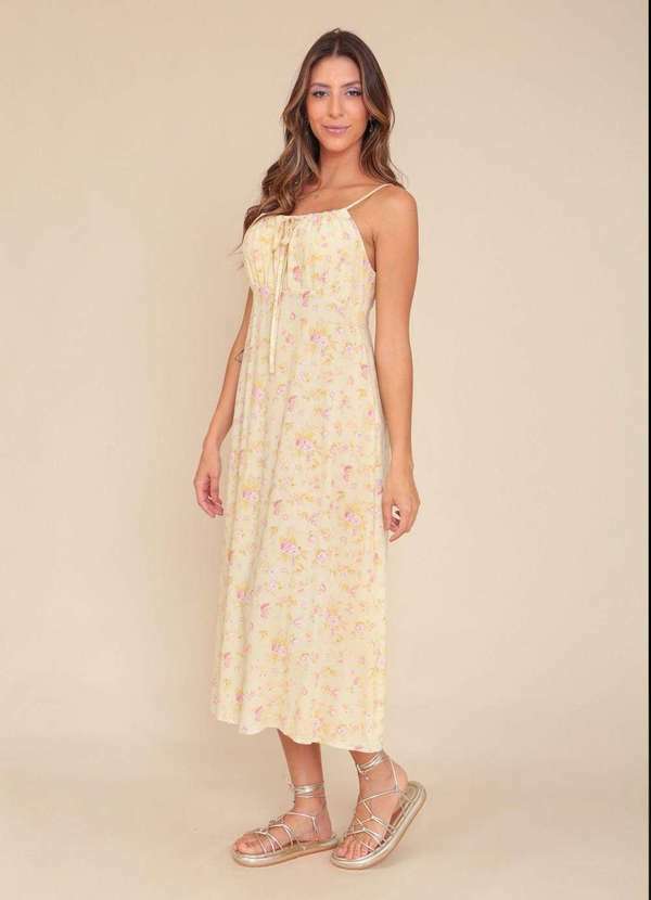 Pop Me - Vestido Midi em Viscose com Alca e Franzido Busto Estampa Yell... Amarelo
