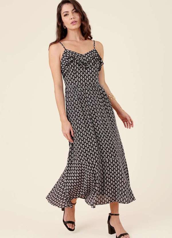 Pop Me - Vestido Midi em Viscose com Lurex Alca Babados Preto