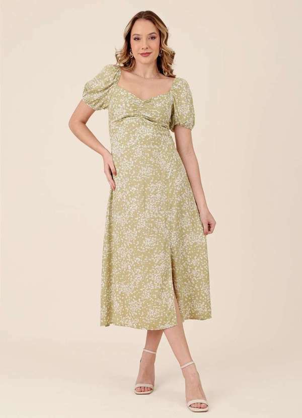 Pop Me - Vestido Midi em Viscose Liberty Garden Manga Curta com Fenda Verde