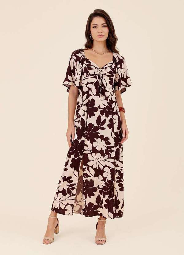 Pop Me - Vestido Midi em Viscose Manga Curta com Puxador Jardim Terra Marrom