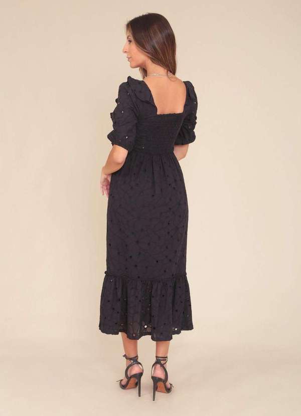 Pop Me - Vestido Midi Laise com Babado na Manga 3/4 Preto 2
