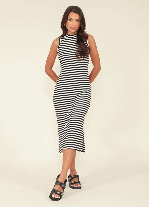 Pop Me - Vestido Midi Listrado Ribana sem Manga Gola Alta Branco