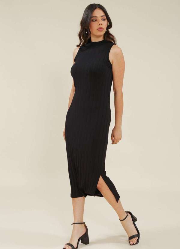 Pop Me - Vestido Midi Malha Canelada Gola Alta sem Mangas Preto