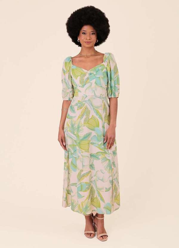 Pop Me - Vestido Midi Manga Curta em Linho Estampada Flor da Ilha Verde 2