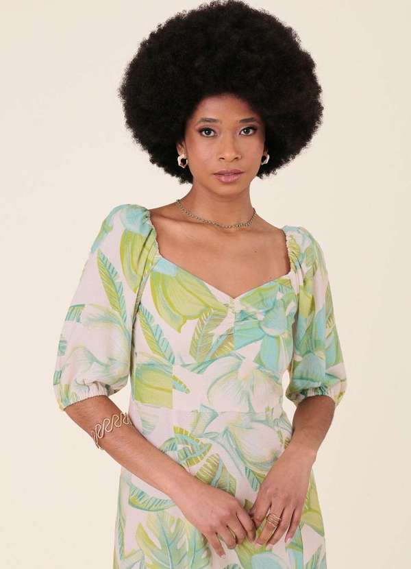 Pop Me - Vestido Midi Manga Curta em Linho Estampada Flor da Ilha Verde 4