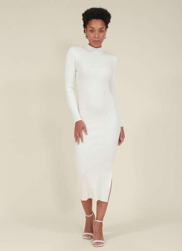 Pop Me - Vestido Midi Trico Manga Longa Gola Alta Branco