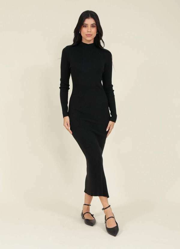 Pop Me - Vestido Midi Trico Manga Longa Gola Alta Preto