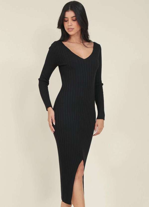 Vestido Midi Tricot Manga Longa Decote V Fenda Preto Pop Me