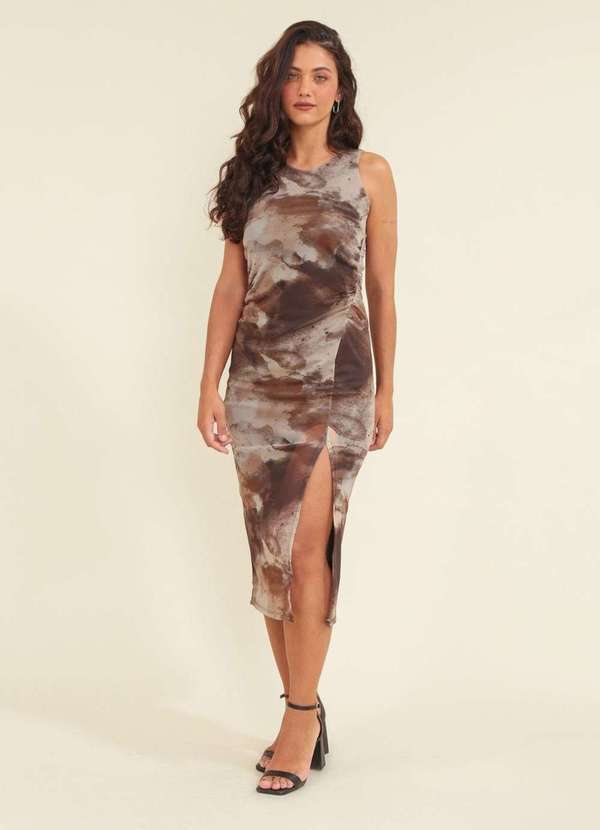 Pop Me - Vestido Midi Tule Estampa Dunas Fenda Frontal Bege