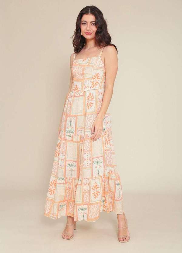 Pop Me - Vestido Midi Viscose com Lurex Alca Estampa Oasis Bege