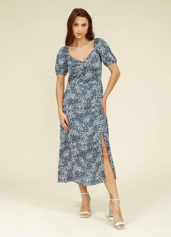 Vestido Midi Viscose Manga Curta com Fenda Estampa Liberty Azul