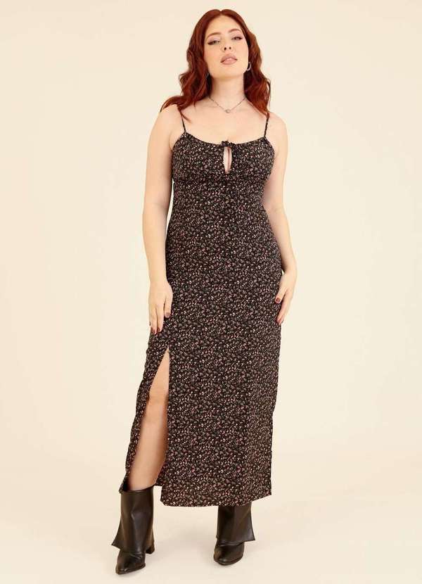 Pop Me - Vestido New Midi Crepe Alca com Estampa Liberty Preto