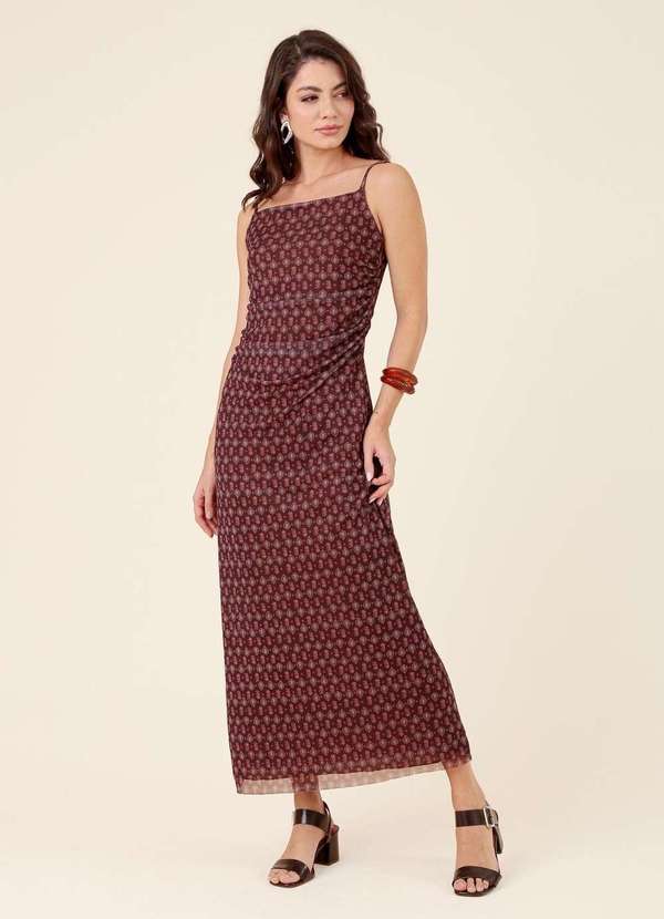 Pop Me - Vestido New Midi em Tule Mini Boho Alca com Franzidos Marrom