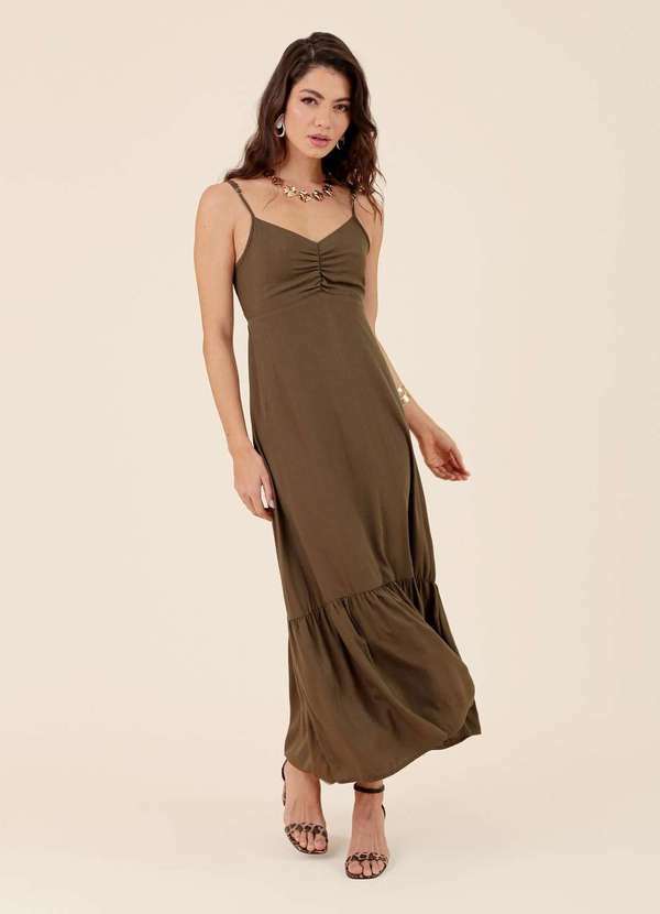 Pop Me - Vestido New Midi em Viscose Alca Busto Franzido Verde
