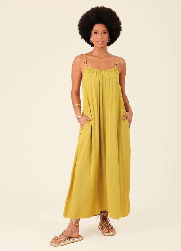 Pop Me - Vestido New Midi Evase em Viscolinho com Bolso Verde