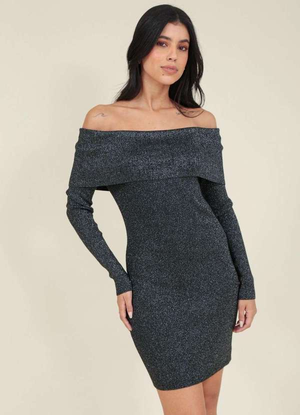 Pop Me - Vestido Tricot com Lurex Manga Longa Decote Ombro a Ombro Preto