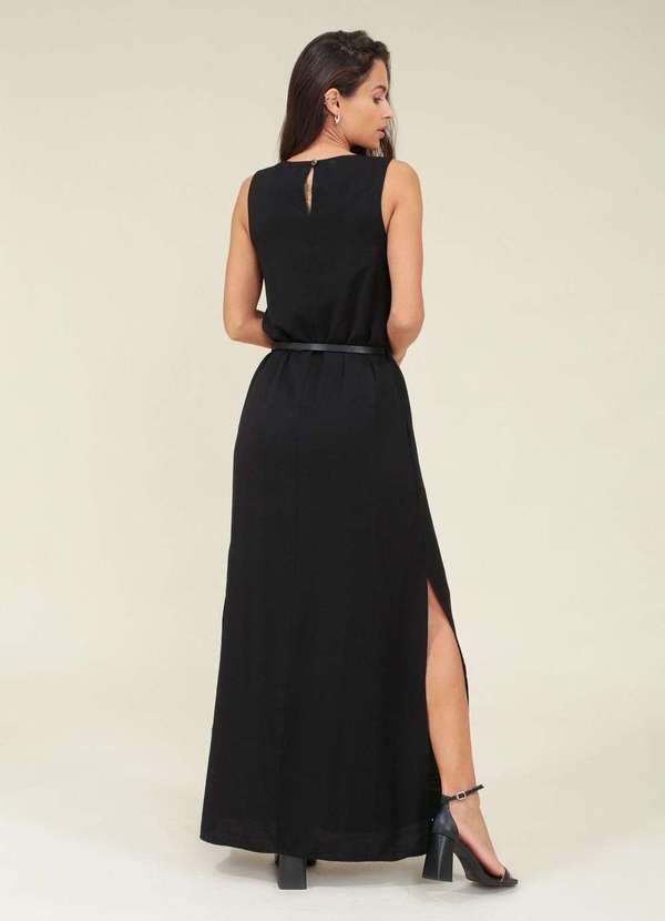 Pop Me - Vestido Viscolinho Longo sem Manga com Cinto Preto 2