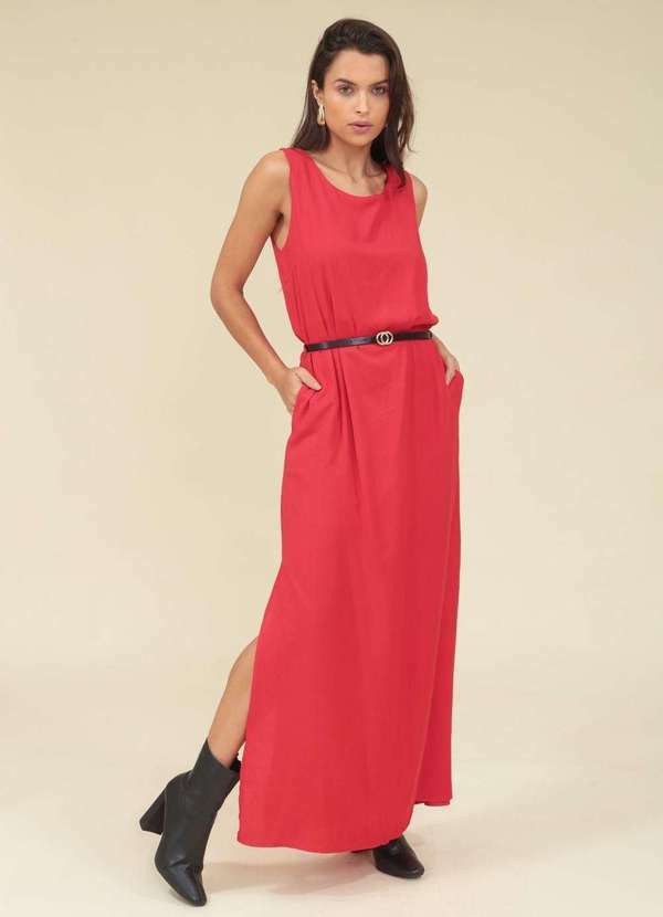 Pop Me - Vestido Viscolinho Longo sem Manga com Cinto Vermelho