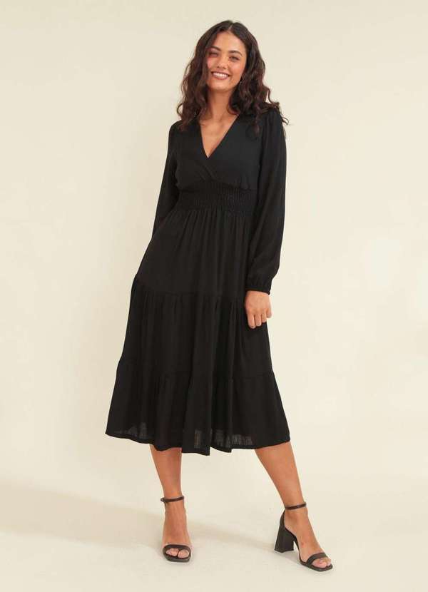 Pop Me - Vestido Viscolinho Slub Midi Marias Preto